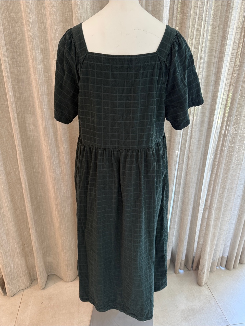 NWOT Madewell Square Neck Short Sleeve Green Check Midi Dress Sz M - Picture 2 of 7